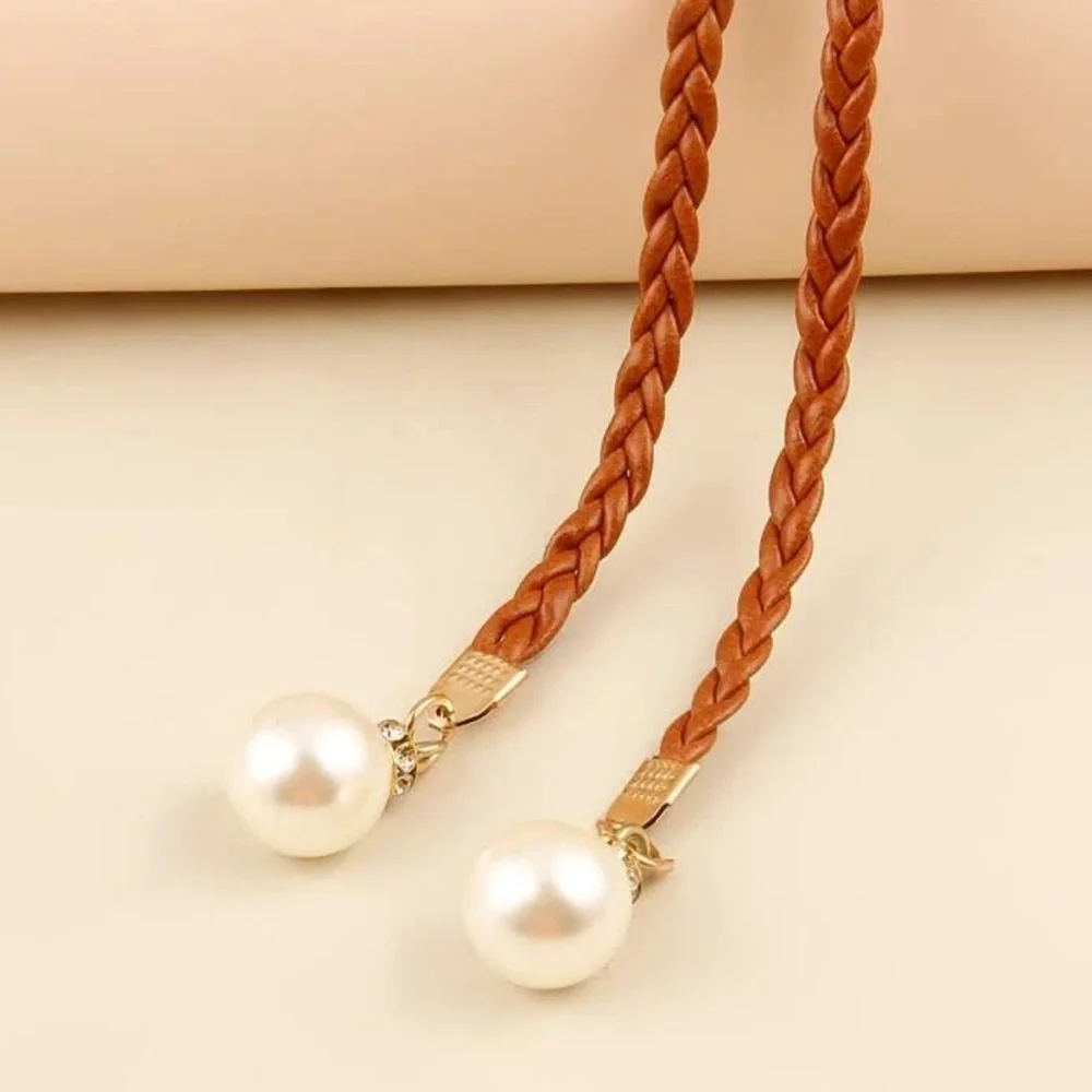 NEW| Women’s Elegant Faux Pearl Braided Vintage Style Skinny Belt PU Leather